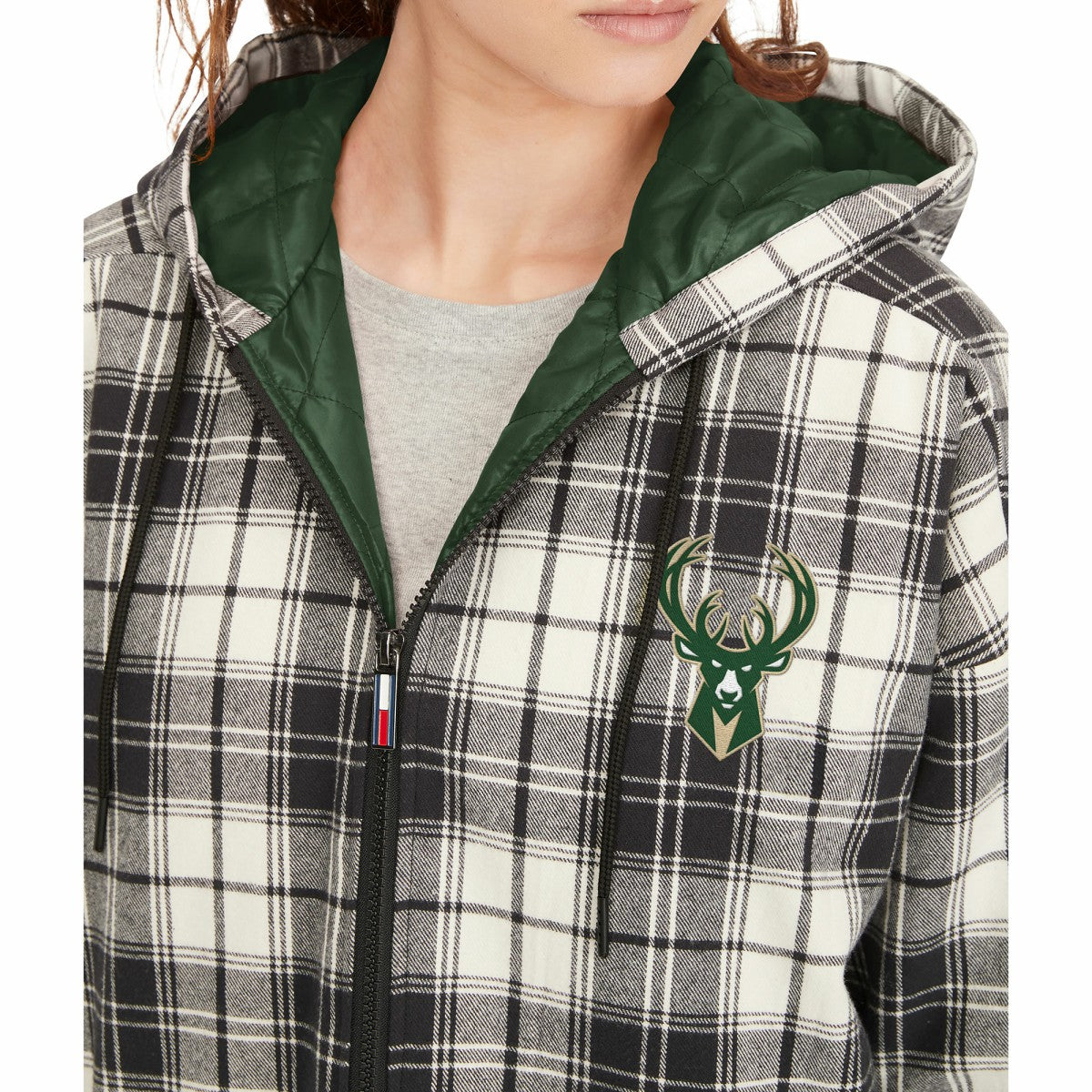 Black/Cream Milwaukee Bucks Tommy Jeans Women's Molly Flannel Full-Zip Hoodie | NBA