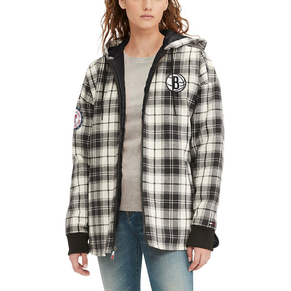 Black/Cream Brooklyn Nets Tommy Jeans Women's Molly Flannel Full-Zip Hoodie | NBA