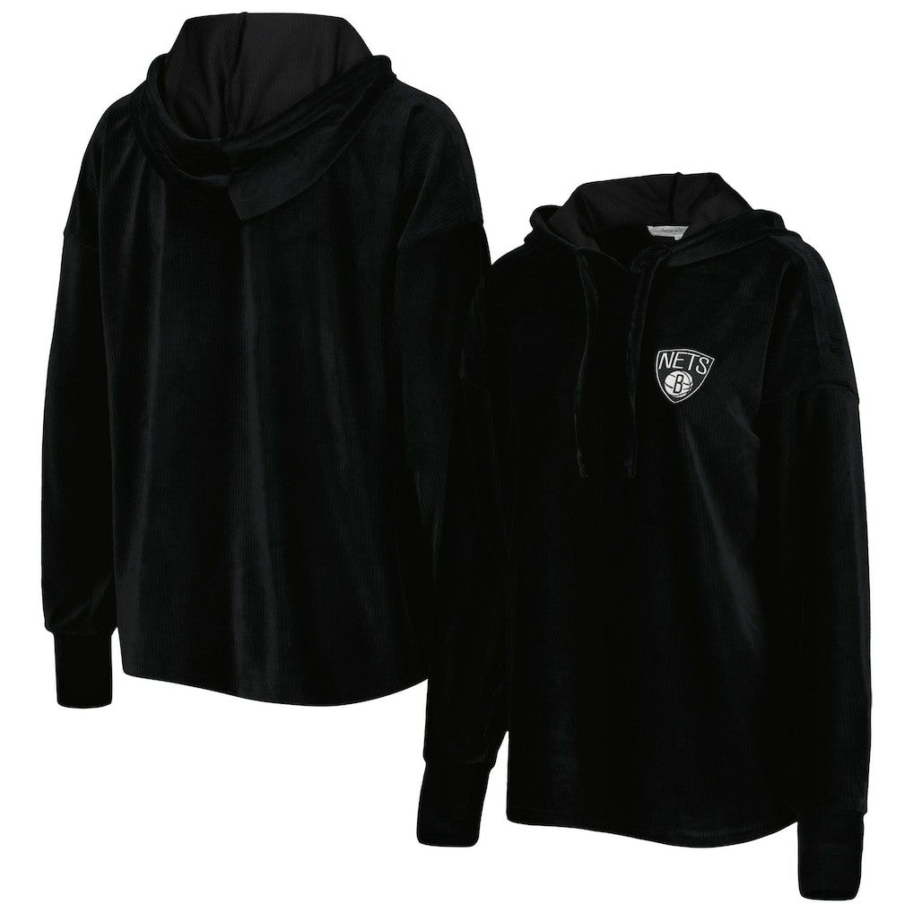 Black Brooklyn Nets Touch Women's End Line Velour Pullover Hoodie | NBA