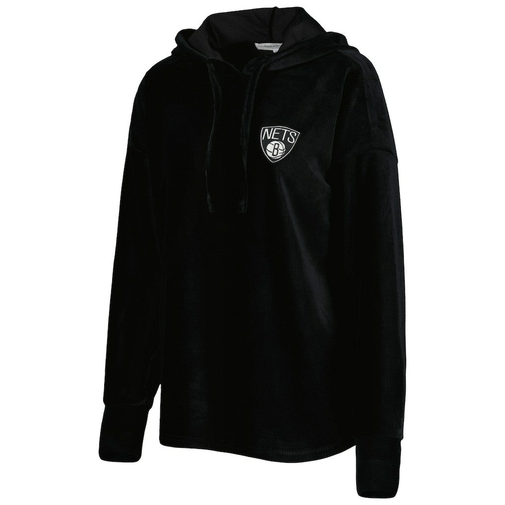 Black Brooklyn Nets Touch Women's End Line Velour Pullover Hoodie | NBA