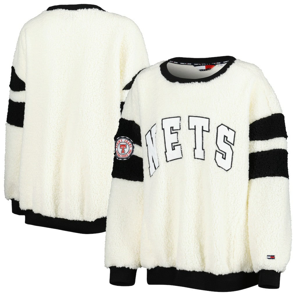Oatmeal/Black Brooklyn Nets Tommy Jeans Women's Mindy Sherpa Pullover Sweatshirt | NBA