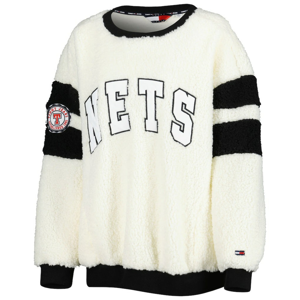 Oatmeal/Black Brooklyn Nets Tommy Jeans Women's Mindy Sherpa Pullover Sweatshirt | NBA