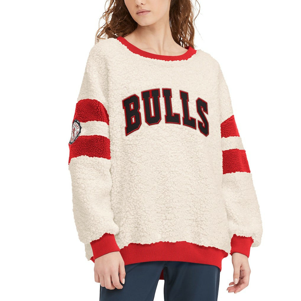 Oatmeal/Red Chicago Bulls Tommy Jeans Women's Mindy Sherpa Pullover Sweatshirt | NBA