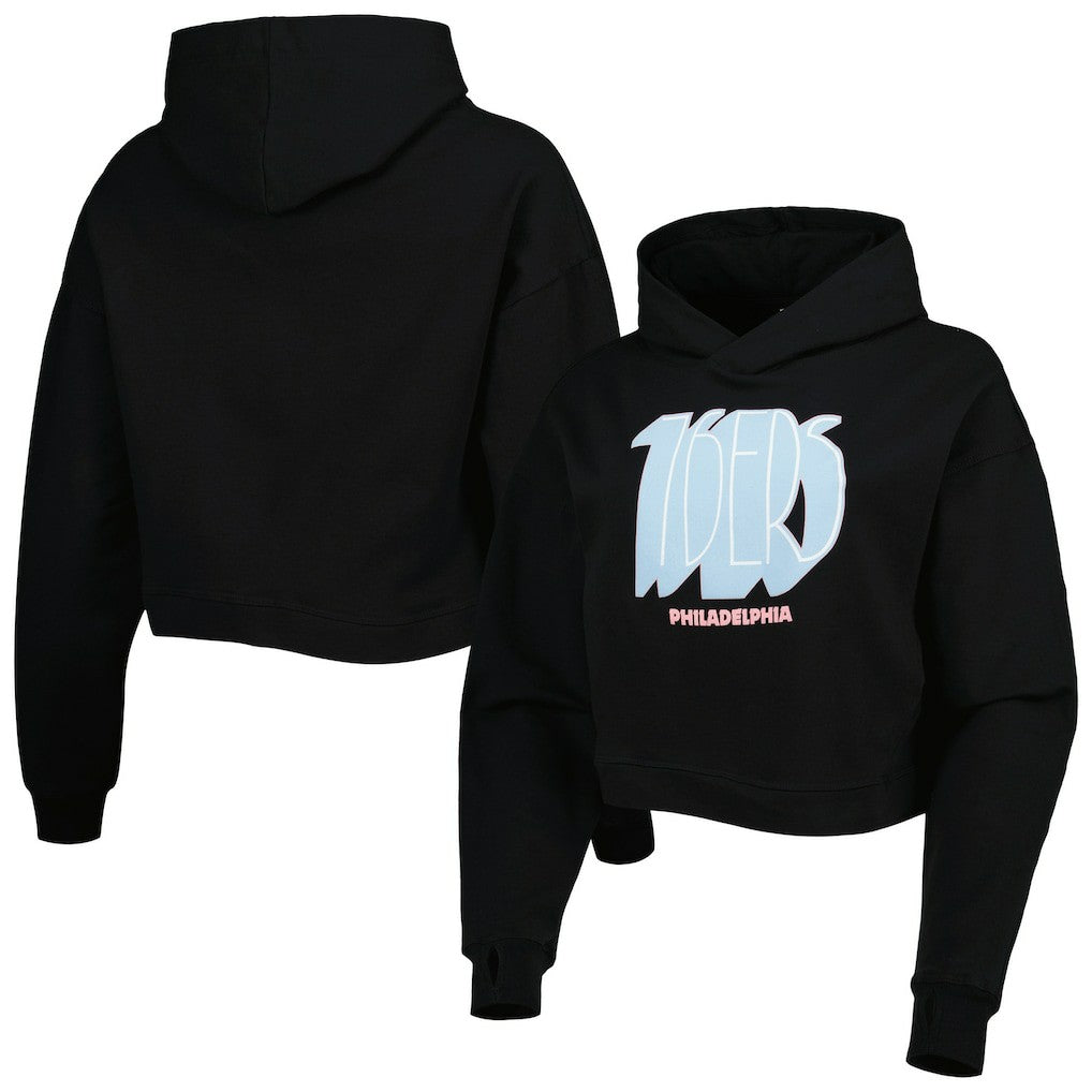 Black Philadelphia 76ers Lusso Women's Layla World Tour Cropped Pullover Hoodie | NBA