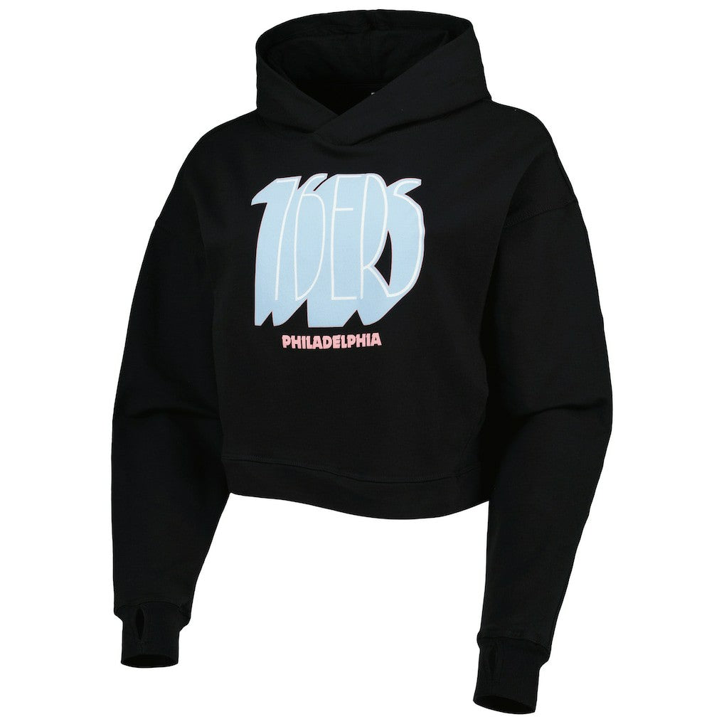 Black Philadelphia 76ers Lusso Women's Layla World Tour Cropped Pullover Hoodie | NBA