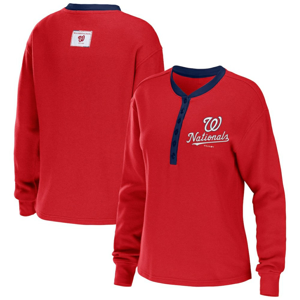 Washington Nationals WEAR by Erin Andrews Women's Waffle Henley Long Sleeve T-Shirt - MLB T-shirts
