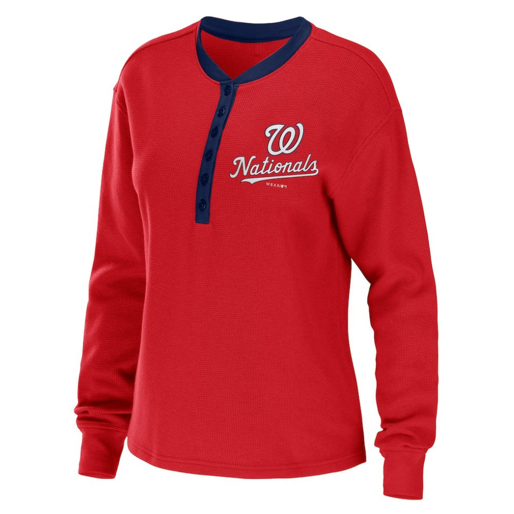 Washington Nationals WEAR by Erin Andrews Women's Waffle Henley Long Sleeve T-Shirt - MLB T-shirts