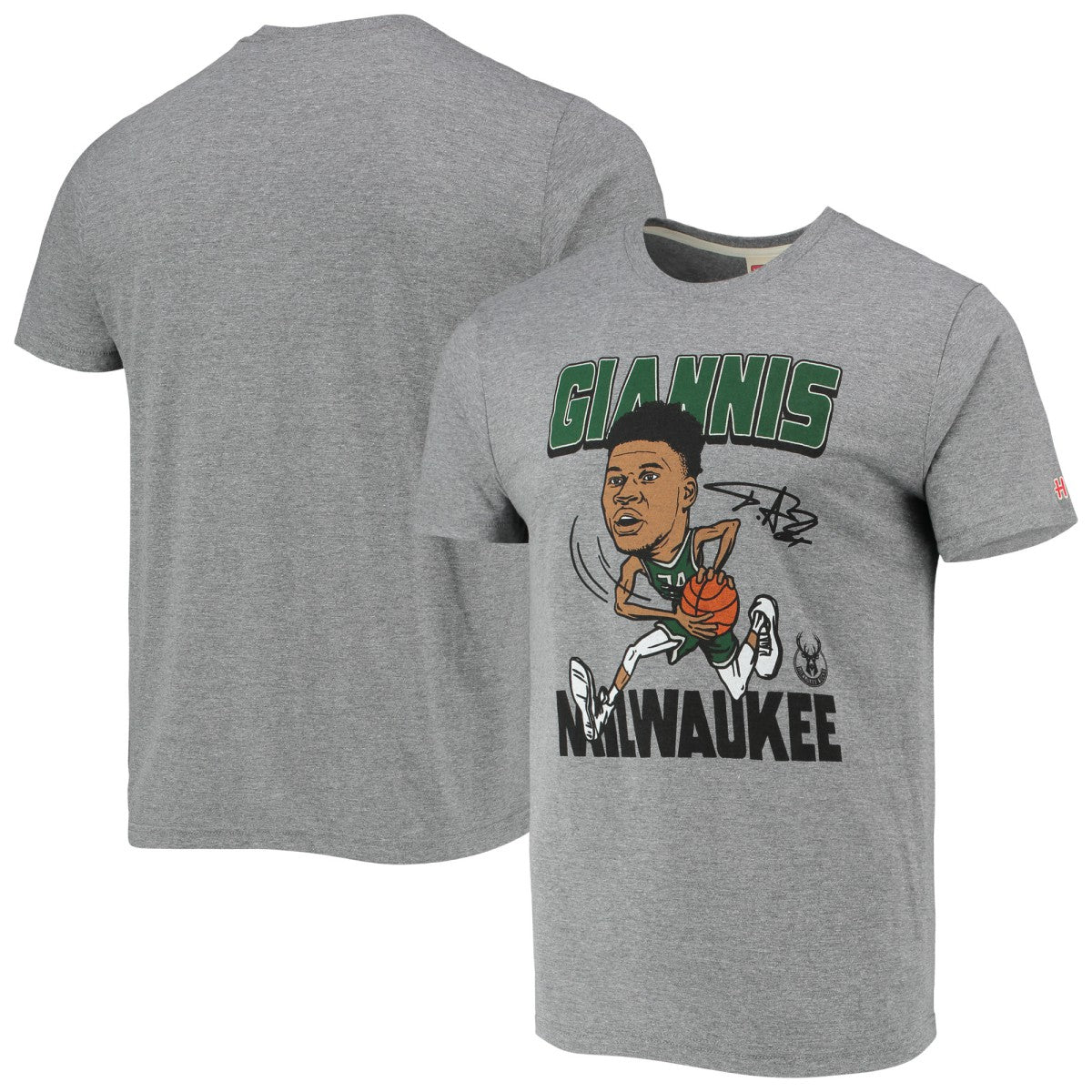 Heathered Gray Giannis Antetokounmpo Milwaukee Bucks Homage Caricature Tri-Blend T-Shirt | NBA