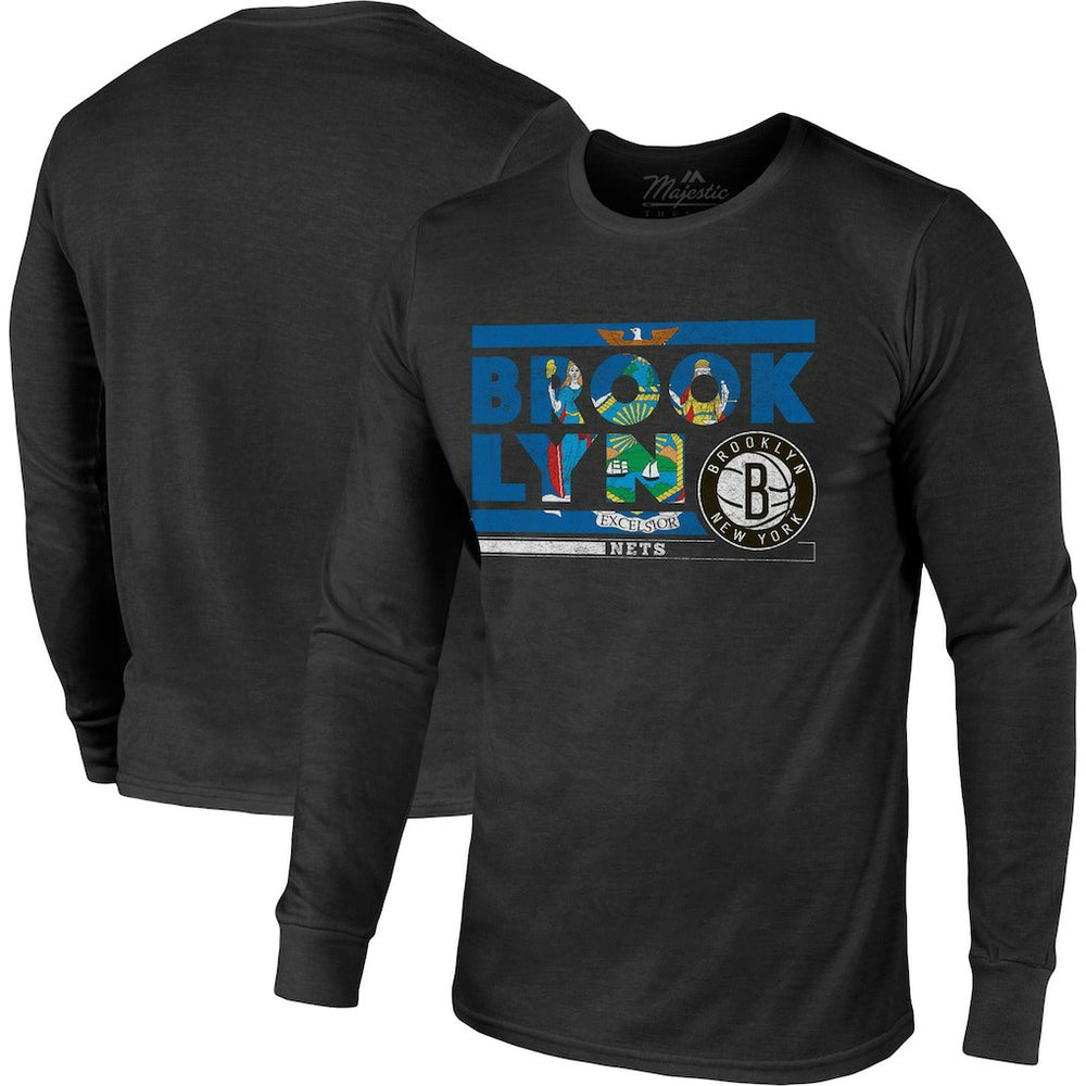 Black Brooklyn Nets Majestic Threads City and State Tri-Blend Long Sleeve T-Shirt | NBA