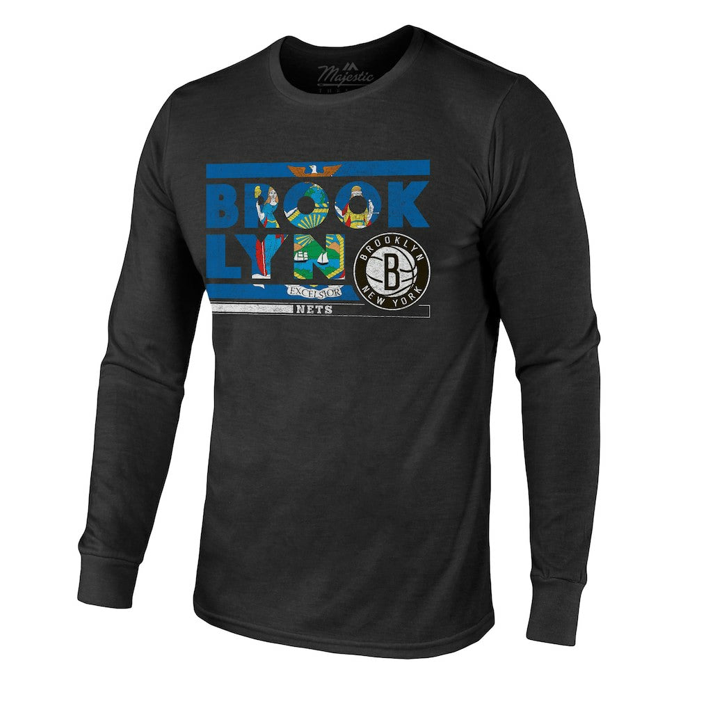 Black Brooklyn Nets Majestic Threads City and State Tri-Blend Long Sleeve T-Shirt | NBA