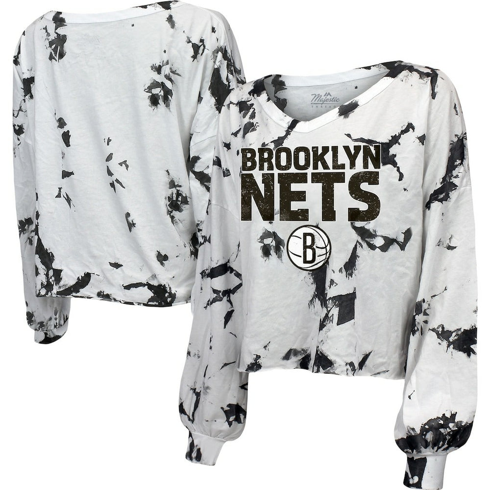 White/Black Brooklyn Nets Majestic Threads Women's Aquarius Tie-Dye Cropped V-Neck Long Sleeve T-Shirt | NBA