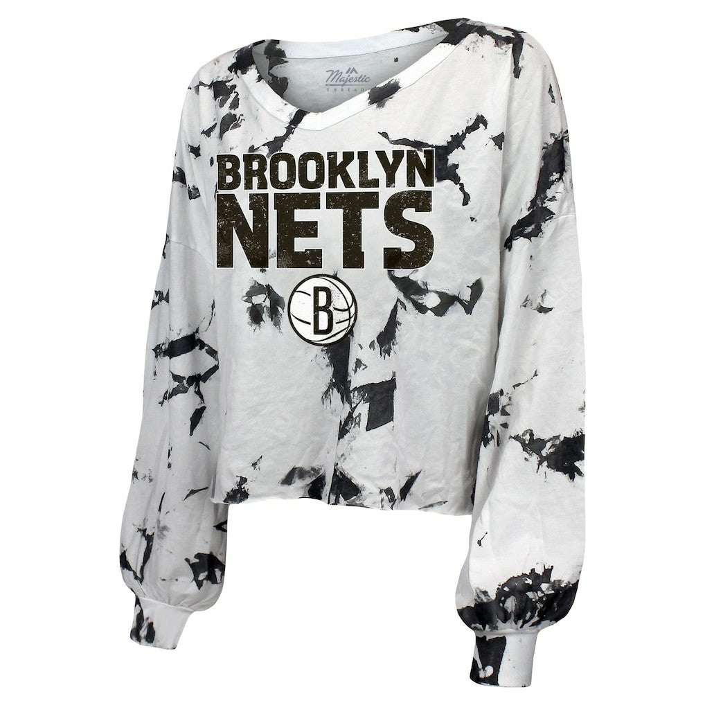 White/Black Brooklyn Nets Majestic Threads Women's Aquarius Tie-Dye Cropped V-Neck Long Sleeve T-Shirt | NBA