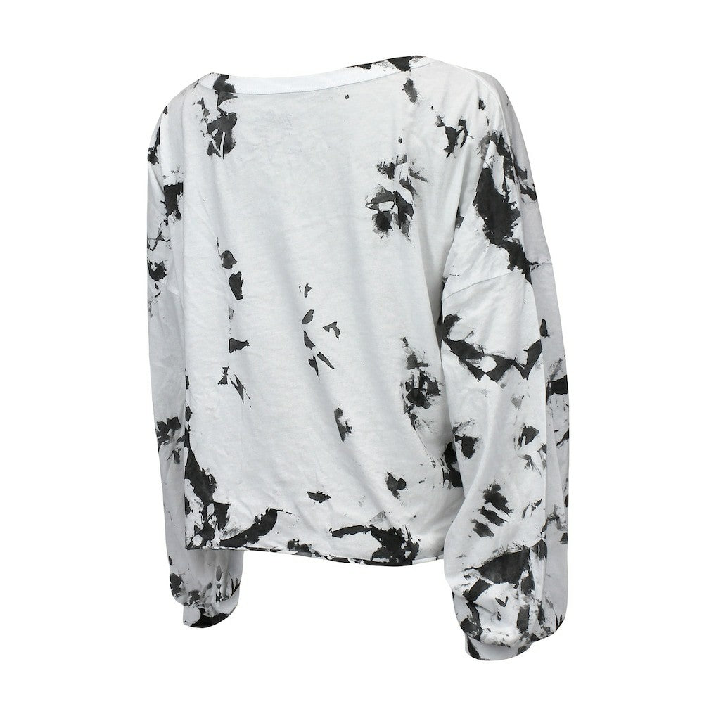 White/Black Brooklyn Nets Majestic Threads Women's Aquarius Tie-Dye Cropped V-Neck Long Sleeve T-Shirt | NBA