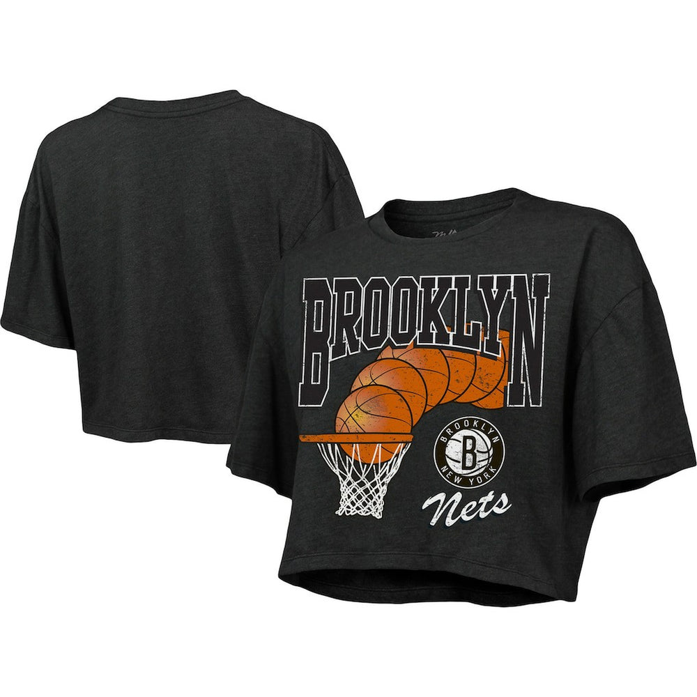 Charcoal Brooklyn Nets Majestic Threads Women's Bank Shot Cropped T-Shirt | NBA