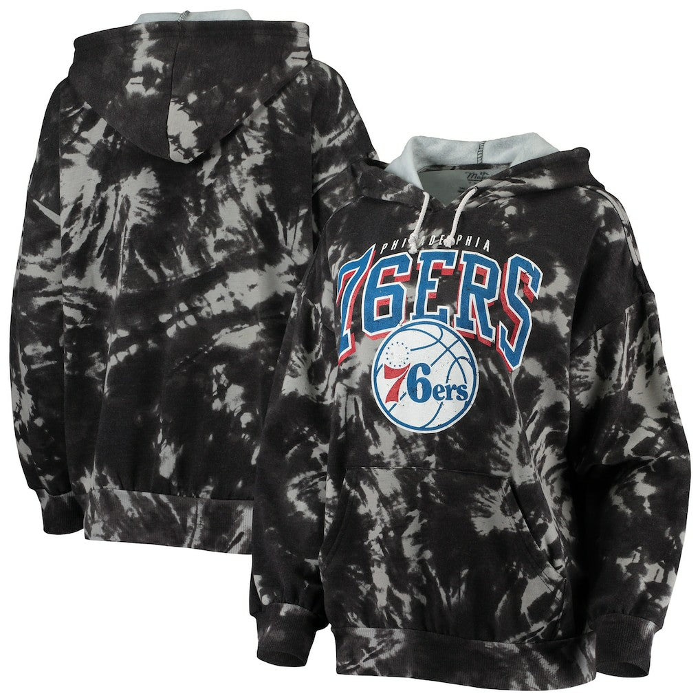 Black Philadelphia 76ers Majestic Threads Women's Burble Tie-Dye Tri-Blend Pullover Hoodie | NBA