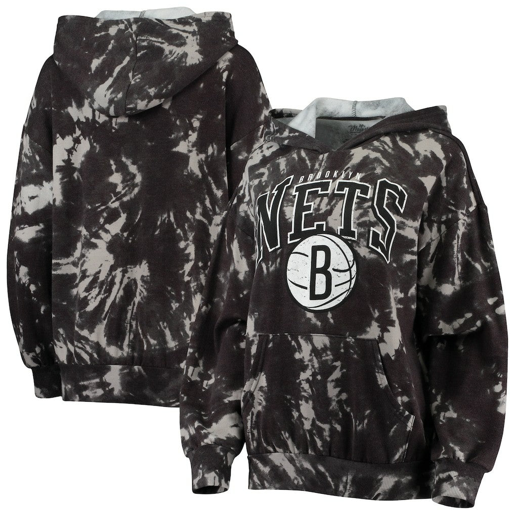 Black Brooklyn Nets Majestic Threads Women's Burble Tie-Dye Tri-Blend Pullover Hoodie | NBA