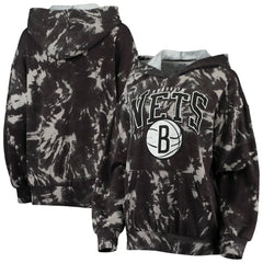 Black Brooklyn Nets Majestic Threads Women's Burble Tie-Dye Tri-Blend Pullover Hoodie | NBA