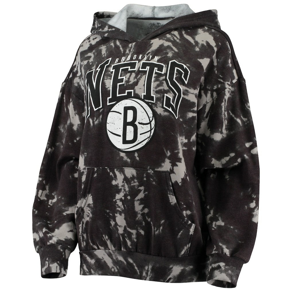 Black Brooklyn Nets Majestic Threads Women's Burble Tie-Dye Tri-Blend Pullover Hoodie | NBA