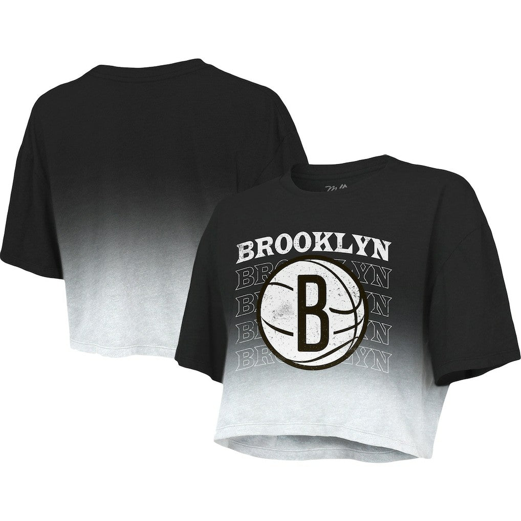 Black/White Brooklyn Nets Majestic Threads Women's Repeat Dip-Dye Cropped T-Shirt | NBA