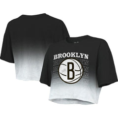 Black/White Brooklyn Nets Majestic Threads Women's Repeat Dip-Dye Cropped T-Shirt | NBA