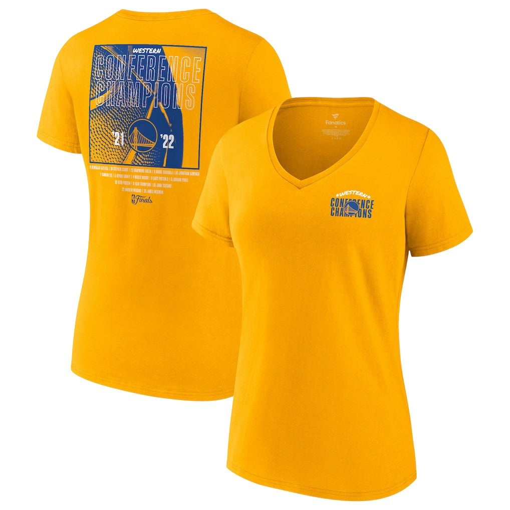 Gold Golden State Warriors Women's 2022 Western Conference Champions Balanced Attack Roster V-Neck T-Shirt sale | NBA