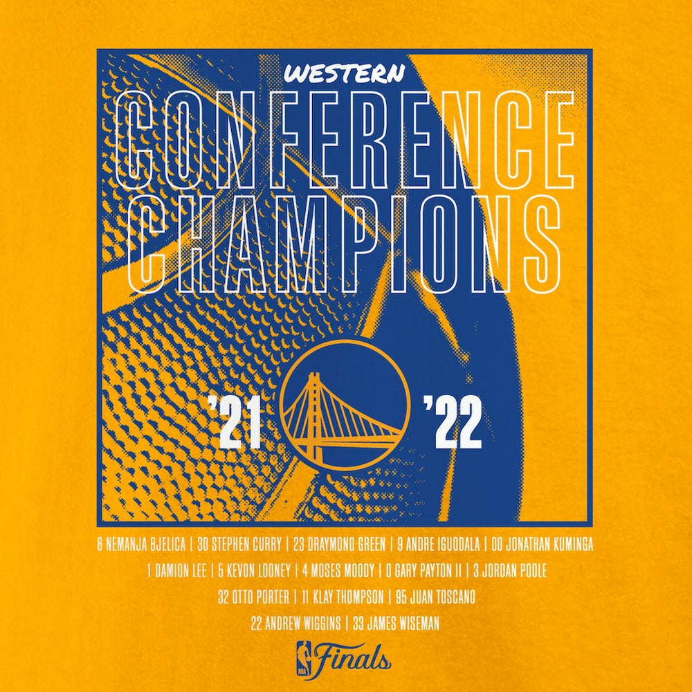 Gold Golden State Warriors Women's 2022 Western Conference Champions Balanced Attack Roster V-Neck T-Shirt sale | NBA