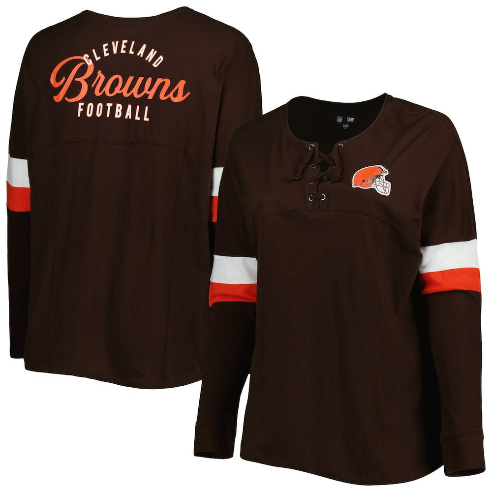 Cleveland Browns Women's Plus Size Athletic Varsity Lace-Up V-Neck Long Sleeve T-Shirt | NFL US