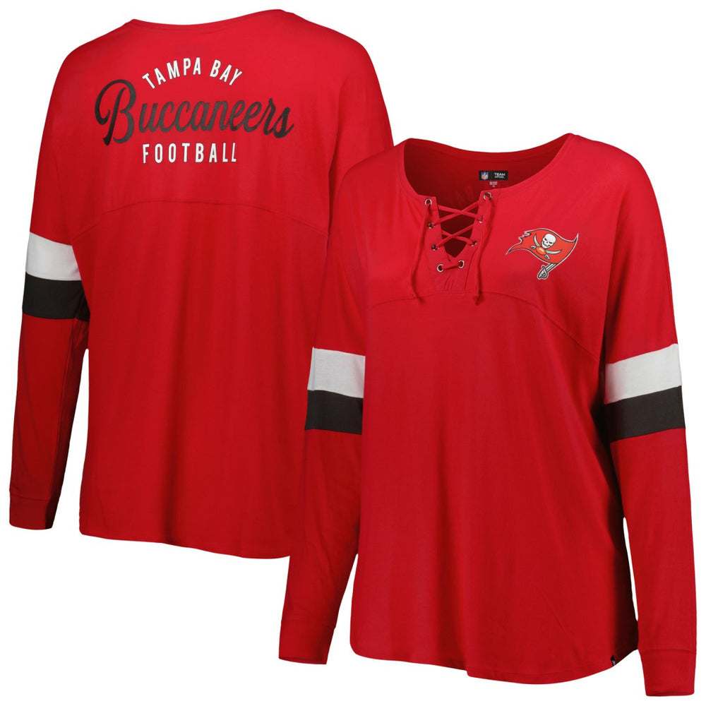 Tampa Bay Buccaneers Women's Plus Size Athletic Varsity Lace-Up V-Neck Long Sleeve T-Shirt | NFL Near me