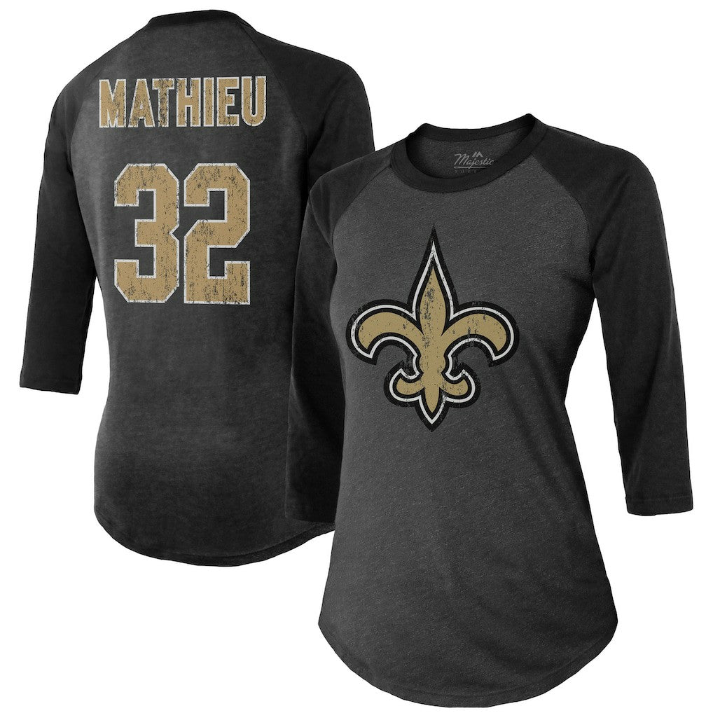 New Orleans Saints Tyrann Mathieu  Majestic Threads Women's Name & Number Raglan 3/4 Sleeve T-Shirt | NFL New