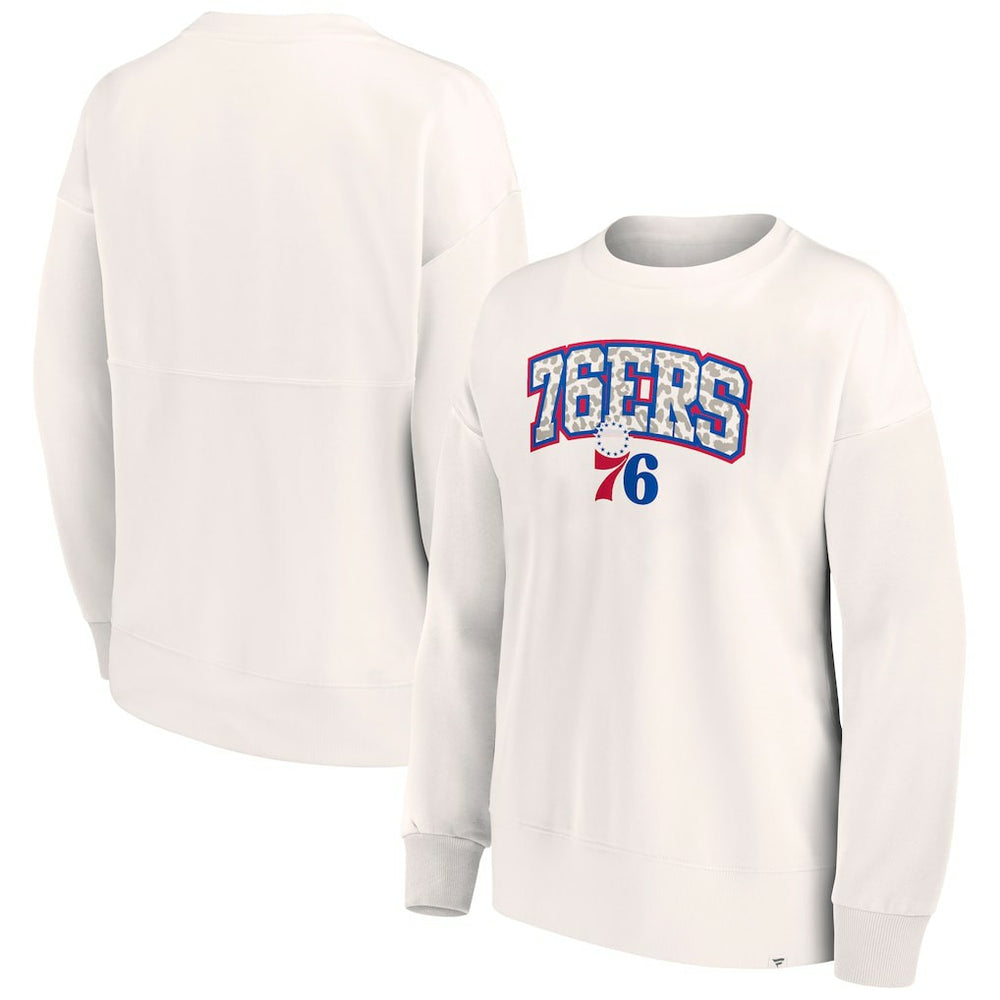 White Philadelphia 76ers Women's Tonal Leopard Pullover Sweatshirt | NBA