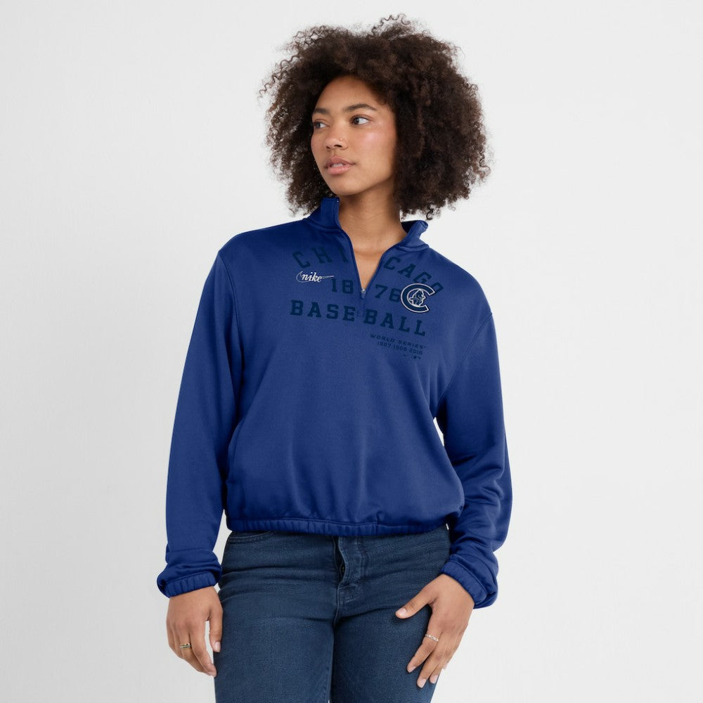 Chicago Cubs Nike Women's Rewind Splice Half-Zip Semi-Cropped Bubble Hem Sweatshirt - MLB Sweatshirts