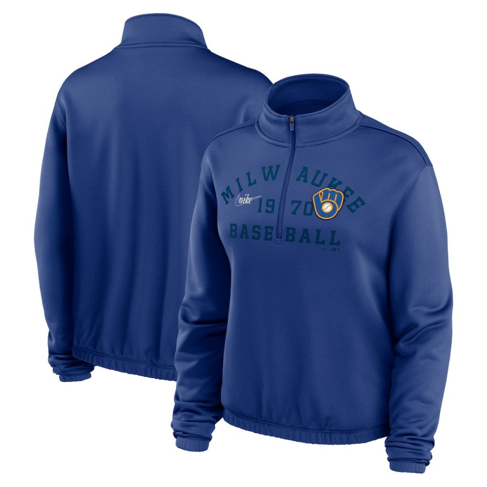 Milwaukee Brewers Nike Women's Rewind Splice Half-Zip Semi-Cropped Bubble Hem Sweatshirt - MLB Sweatshirts