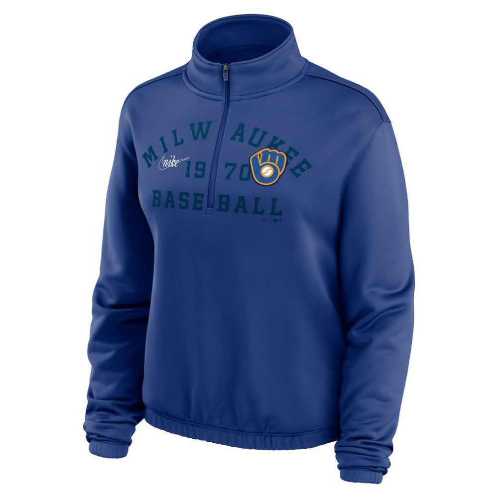 Milwaukee Brewers Nike Women's Rewind Splice Half-Zip Semi-Cropped Bubble Hem Sweatshirt - MLB Sweatshirts