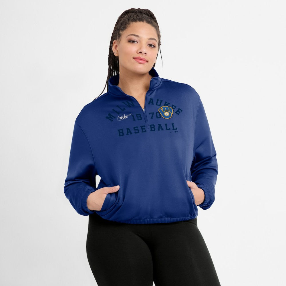 Milwaukee Brewers Nike Women's Rewind Splice Half-Zip Semi-Cropped Bubble Hem Sweatshirt - MLB Sweatshirts