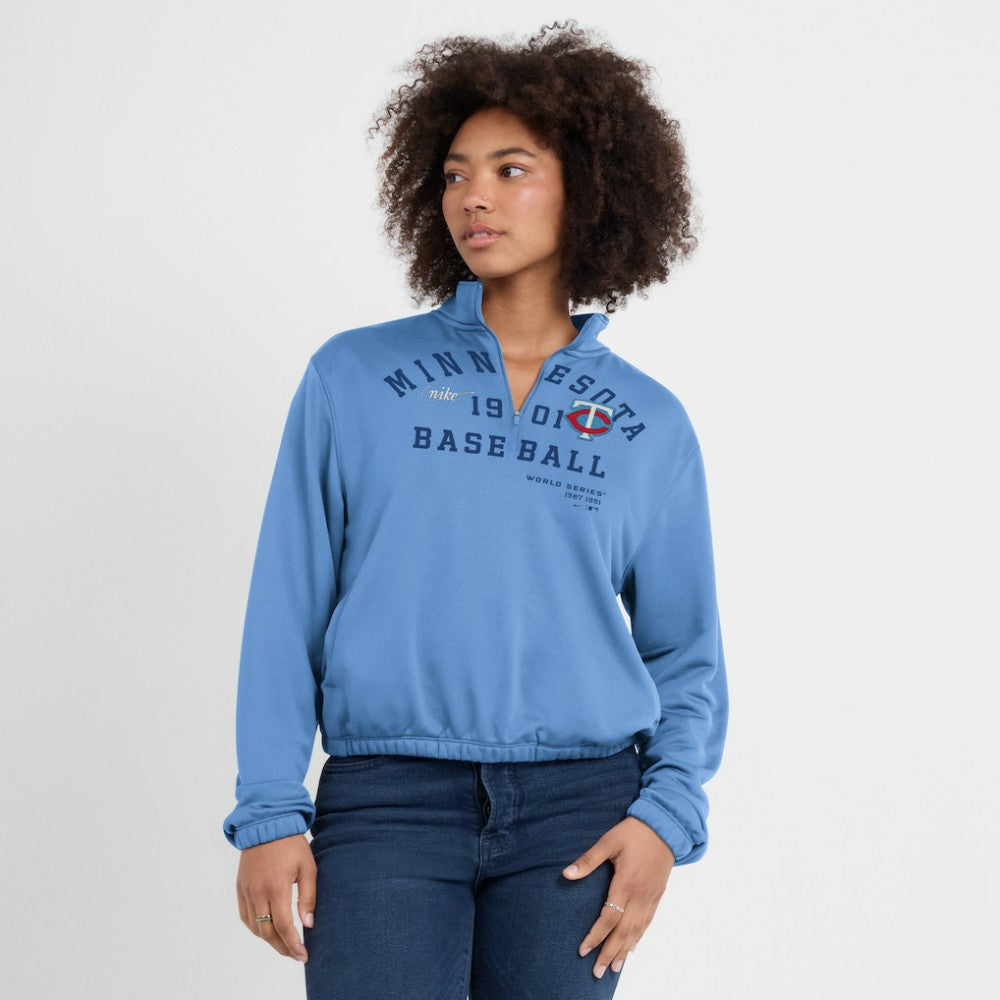 Minnesota Twins Nike Women's Rewind Splice Half-Zip Semi-Cropped Bubble Hem Sweatshirt - MLB Sweatshirts