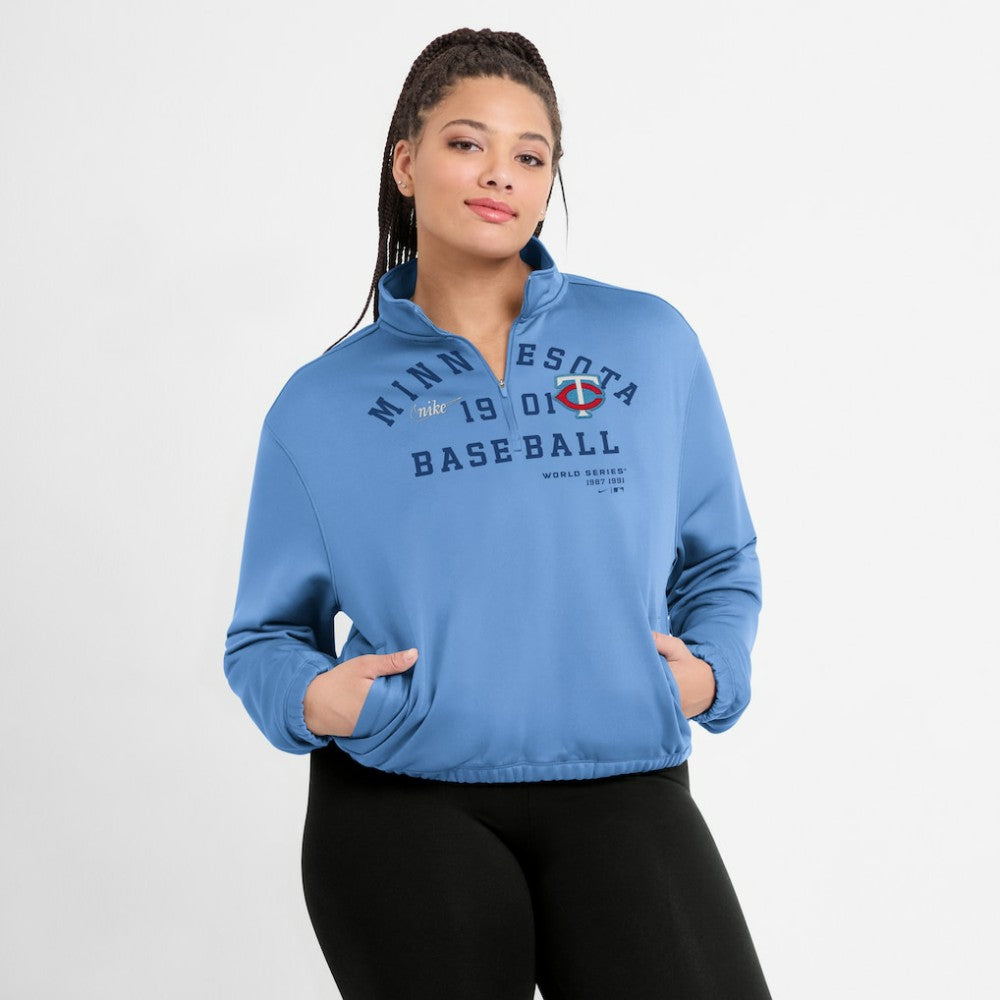 Minnesota Twins Nike Women's Rewind Splice Half-Zip Semi-Cropped Bubble Hem Sweatshirt - MLB Sweatshirts