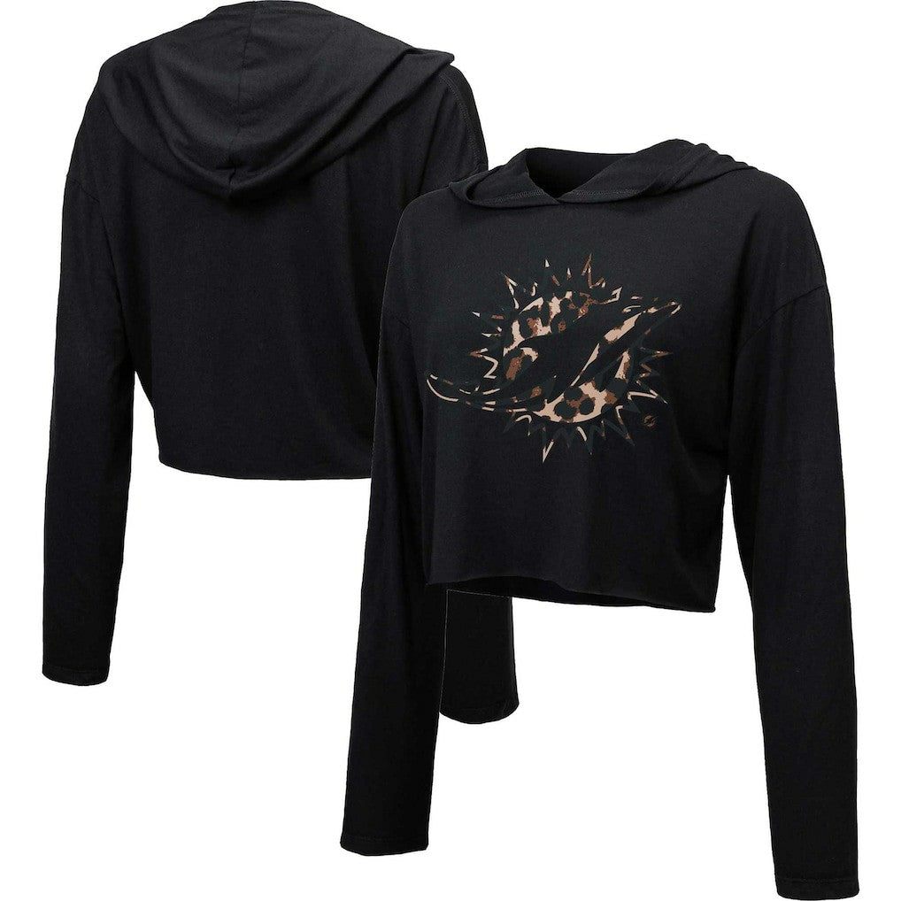 Miami Dolphins Majestic Threads Women's Leopard Cropped Pullover Hoodie | NFL New