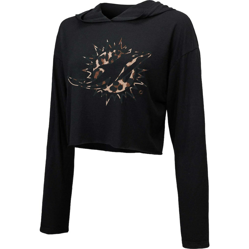 Miami Dolphins Majestic Threads Women's Leopard Cropped Pullover Hoodie | NFL New