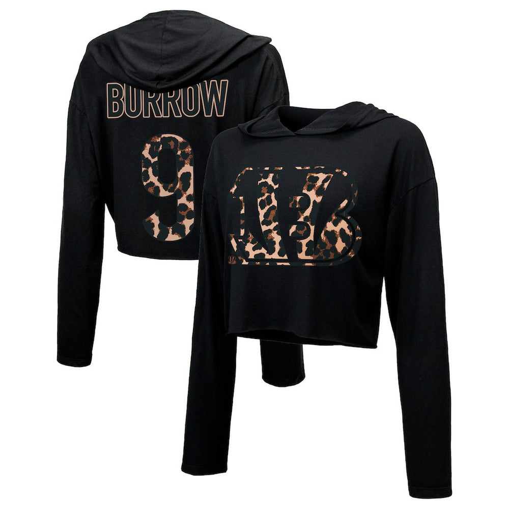 Cincinnati Bengals Joe Burrow  Majestic Threads Women's Leopard Player Name & Number Long Sleeve Cropped Hoodie | NFL New