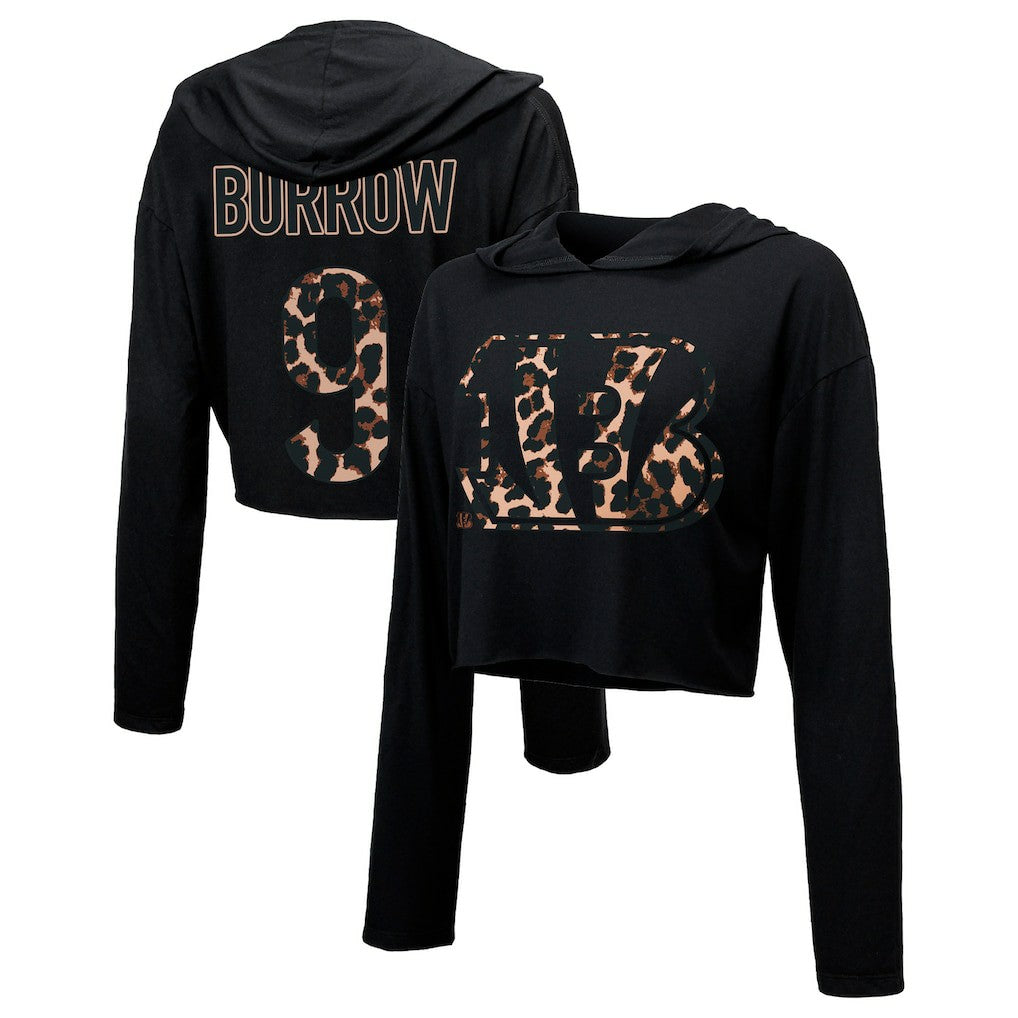 Cincinnati Bengals Joe Burrow  Majestic Threads Women's Leopard Player Name & Number Long Sleeve Cropped Hoodie | NFL New