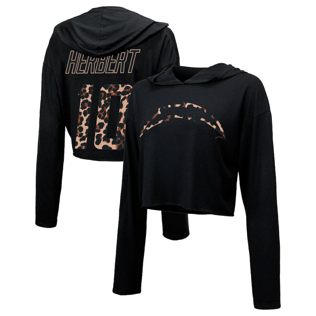 Los Angeles Chargers Justin Herbert  Majestic Threads Women's Leopard Player Name & Number Long Sleeve Cropped Hoodie | NFL New