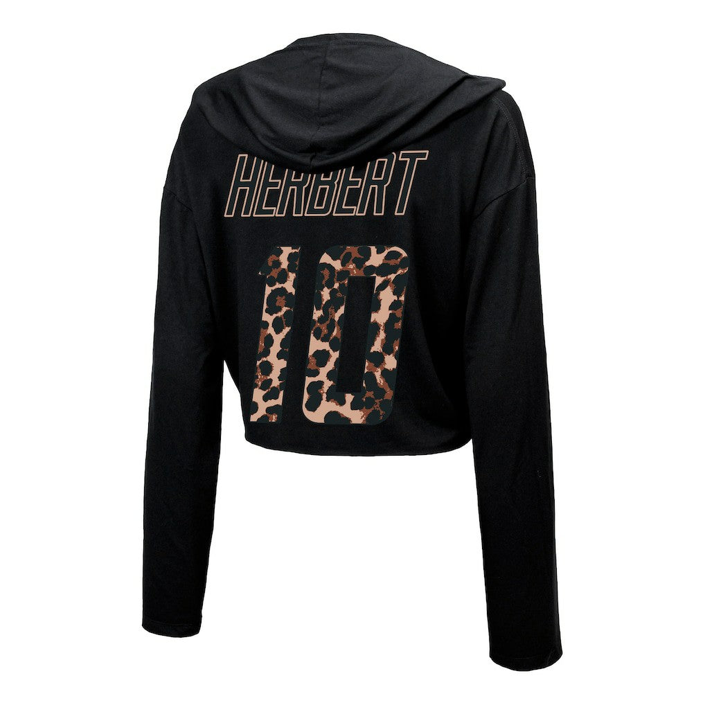 Los Angeles Chargers Justin Herbert  Majestic Threads Women's Leopard Player Name & Number Long Sleeve Cropped Hoodie | NFL New