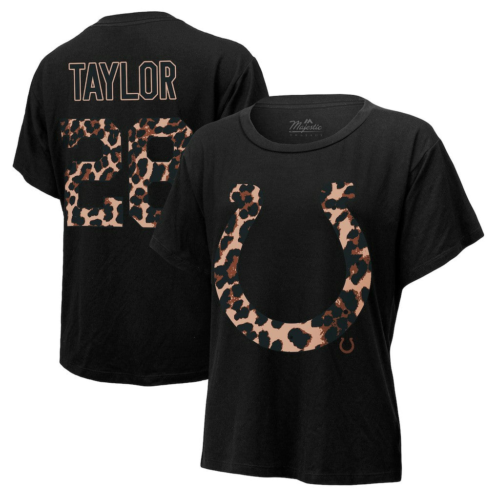 Indianapolis Colts Jonathan Taylor  Majestic Threads Women's Leopard Player Name & Number T-Shirt | NFL New