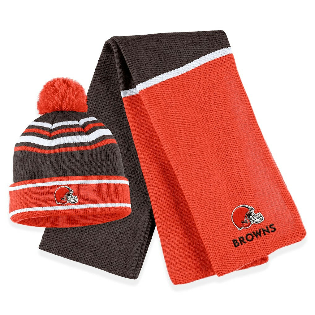 Cleveland Browns WEAR by Erin Andrews Women's Colorblock Cuffed Knit Hat with Pom and Scarf Set | NFL On sale