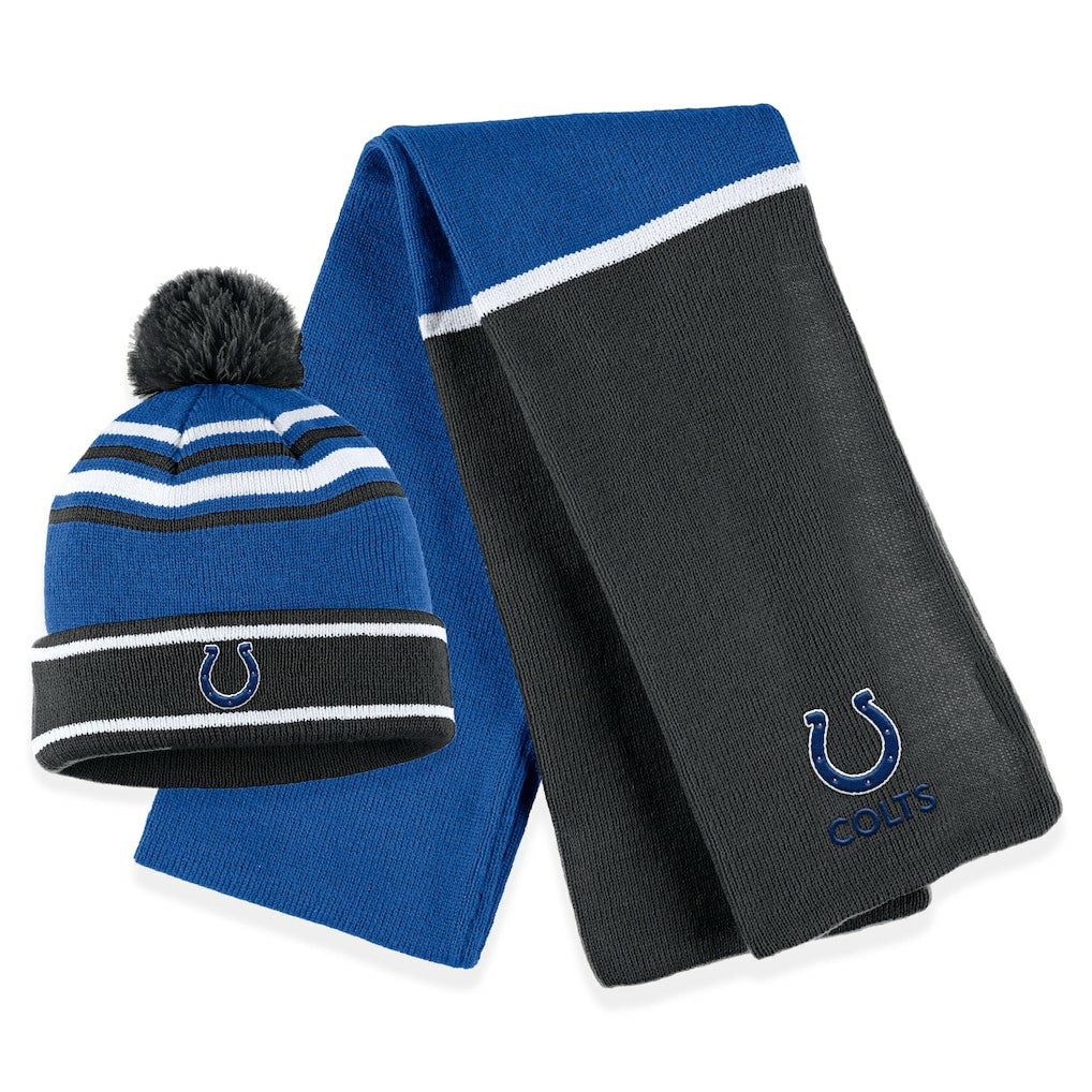 Indianapolis Colts WEAR by Erin Andrews Women's Colorblock Cuffed Knit Hat with Pom and Scarf Set | NFL Sale