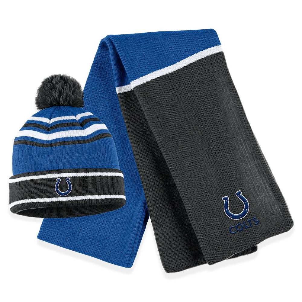 Indianapolis Colts WEAR by Erin Andrews Women's Colorblock Cuffed Knit Hat with Pom and Scarf Set | NFL Sale