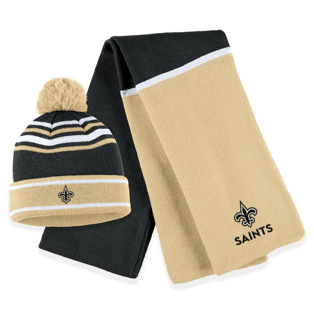 New Orleans Saints WEAR by Erin Andrews Women's Colorblock Cuffed Knit Hat with Pom and Scarf Set | NFL On sale