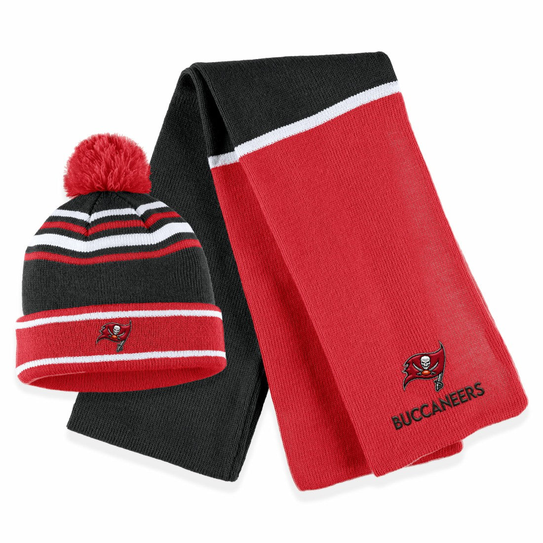 Tampa Bay Buccaneers WEAR by Erin Andrews Women's Colorblock Cuffed Knit Hat with Pom and Scarf Set | NFL Sale