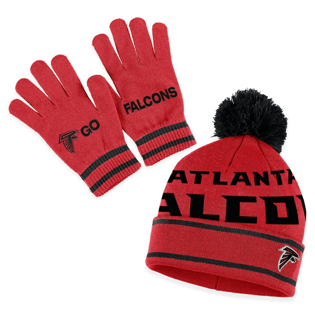 Atlanta Falcons WEAR by Erin Andrews Women's Double Jacquard Cuffed Knit Hat with Pom and Gloves Set | NFL Hot