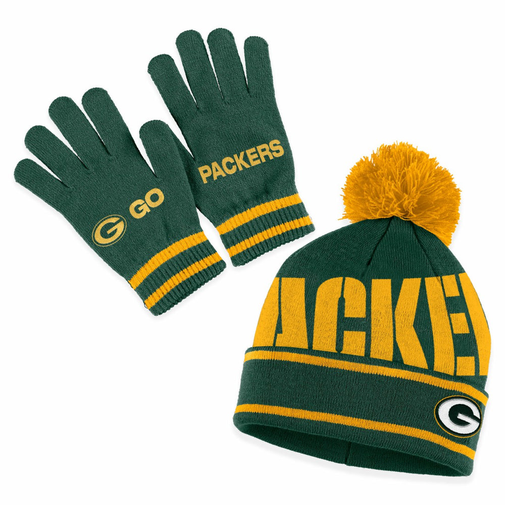 Green Bay Packers WEAR by Erin Andrews Women's Double Jacquard Cuffed Knit Hat with Pom and Gloves Set | NFL Sale